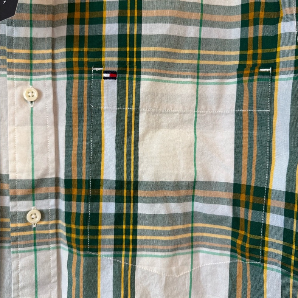 NWT Men’s L Tommy Hilfiger Fall Basics Button‎ Up Dress Shirt Green Plaid Long - Picture 7 of 14